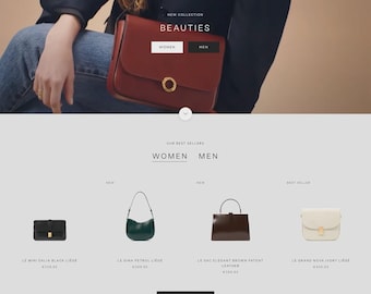 May include: Website homepage featuring a new collection of handbags. The main image showcases a red leather bag with a gold clasp. Below, four different bags are displayed: a black clutch, a green shoulder bag, a brown handbag, and an ivory bag.