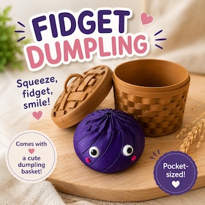May include: A purple round fidget dumpling toy with googly eyes and pink cheeks, accompanied by a brown woven-style plastic basket with a lid. The text reads FIDGET DUMPLING, Squeeze, fidget, smile!, Comes with a cute dumpling basket!, and Pocket-sized!