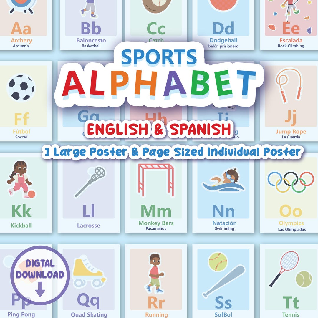 Abcs Alphabet Sports Poster Bilingual 18x24in Poster and 8.5x11 Poster ...