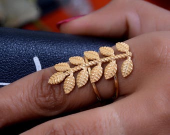 Botanical Leaf Brass Ring, Full Finger Statement Ring, Adjustable Gold Ring,Nature Inspired Jewellery, Handcrafted Jewellery,Brass gold Ring
