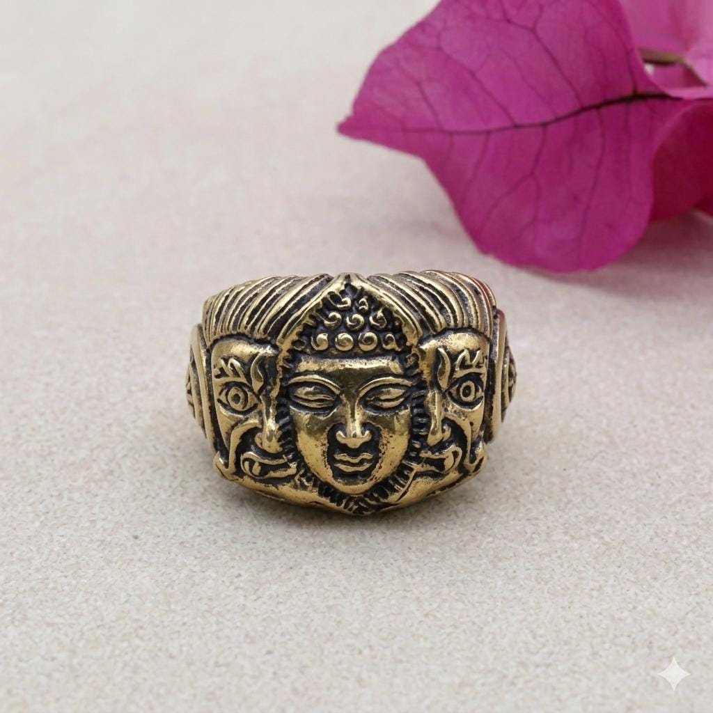 Three-face Buddha Ring in Antiqued Brass, Buddhist Wisdom Band ...