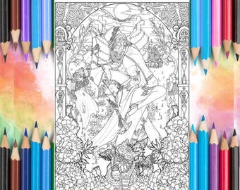 May include: Black and white coloring page featuring a detailed illustration of two figures in a gothic, floral setting. The artwork includes intricate patterns, flowers, and a full moon, perfect for coloring enthusiasts.