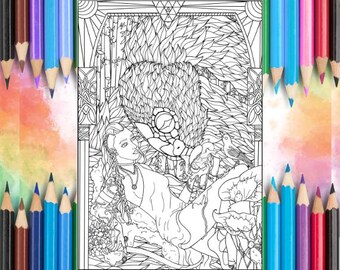 May include: Black and white line art coloring page featuring a woman reclining with a large, ornate creature. The detailed illustration includes floral and geometric elements, perfect for coloring enthusiasts.