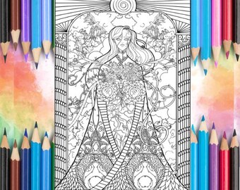 May include: Black and white illustration of a woman with long hair, surrounded by floral and geometric patterns. Two birds are depicted in the background. The image is framed by a border of colorful pencils, suggesting a coloring book or art print.