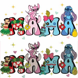 May include: A colorful graphic featuring the word "MAMA" with characters from the animated movie Lilo & Stitch. The letters are decorated with tropical elements and the characters Stitch, Angel, and Lilo.
