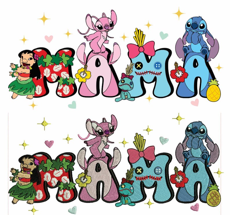 May include: A colorful graphic featuring the word "MAMA" with characters from the animated movie Lilo & Stitch. The letters are decorated with tropical elements and the characters Stitch, Angel, and Lilo.