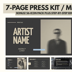 May include: A 7-page press kit or media kit template with a bonus 56-icon pack and editing guide. The design features a dark gray and beige color scheme with the text "Artist Name" and "Agency Logo". The Canva logo is visible.