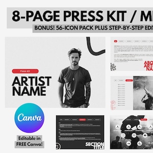 8-Page Press Kit Template | Editable Canva Media Kit for Musicians, Performers, Influencers, DJs, Artists | Custom EPK PDF