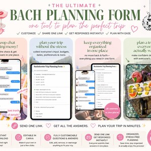 May include: A digital Bach Planning Form template with the text "THE ULTIMATE BACH PLANNING FORM" and "one tool to plan the perfect trip." The image shows mockups of the form on phones and tablets, along with cocktails and disco balls. The template is customizable in Canva.