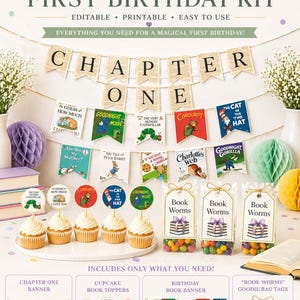 May include: A Chapter One first birthday kit with a banner, cupcake toppers, and a birthday book banner. The kit includes printable elements and "Book Worms" goodie bag tags. The theme is a children's book party.