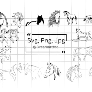 Puede incluir: Ilustraciones de caballos en blanco y negro en varias poses y estilos. La imagen incluye dibujos detallados de cabezas de caballos, caballos corriendo y arte lineal abstracto. El texto en la imagen dice "Svg, Png, Jpg" y "@Dreamartest".
