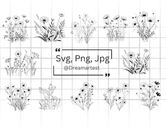 Wildflower Svg Bundle, Flower Svg, Flower Border Svg, Botanical Svg, Minimalist Flower Bouquet, Wildflower Clipart, Instant Download
