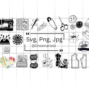 Puede incluir: Ilustraciones en blanco y negro de herramientas y suministros de costura, que incluyen máquinas de coser, tijeras, agujas, carretes de hilo, botones y un dedal. Texto: Svg, Png, Jpg @Dreamartest.