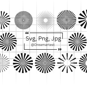 May include: A collection of black and white radial designs in circular shapes. The designs vary, with some featuring solid lines and others with open spaces. Text in the image reads "Svg, Png, Jpg" and "@Dreamartest". The background is a grid.