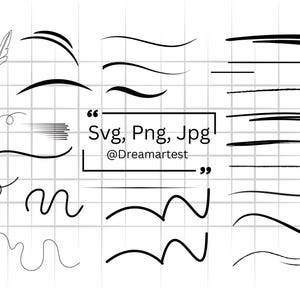 May include: A collection of black line art elements, including curved lines, wavy lines, and a feather illustration, set against a grid background. Text in the image reads "Svg, Png, Jpg" and "@Dreamartest".
