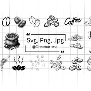 Könnte beinhalten: Schwarz-Weiß-Illustrationen von Kaffeebohnen und verwandten Elementen. Enthält eine Kaffeebohne, einen Sack Bohnen und das Wort "Coffee". Das Bild enthält auch den Text "Svg, Png, Jpg @Dreamartest".