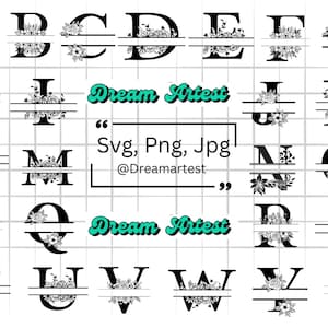 Pacchetto SVG con monogramma floreale, monogramma iniziale, clipart con alfabeto floreale, monogramma diviso, file di taglio con lettere divise, PNG, SVG, Jpg