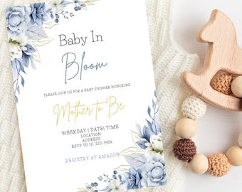 May include: A baby shower invitation with floral accents and the text "Baby In Bloom" and "Mother to Be". A wooden rocking horse-shaped teether with a beaded ring in shades of brown, beige, and cream.