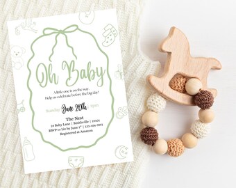 Saliegroene uitnodiging babyshower: genderneutrale canvasjabloon (digitale download)