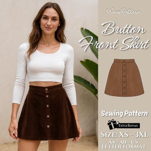 Button Front Skirt Sewing Pattern – PDF | Size: XS–3XL | A4 US Letter A0 | Instant Download