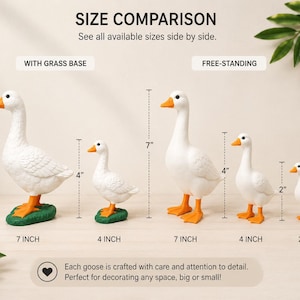 May include: A size comparison chart featuring white goose figurines with orange beaks and feet. Two geese stand on green grass bases at 7 inches and 4 inches tall. Three free-standing geese measure 7 inches, 4 inches, and 2 inches in height.