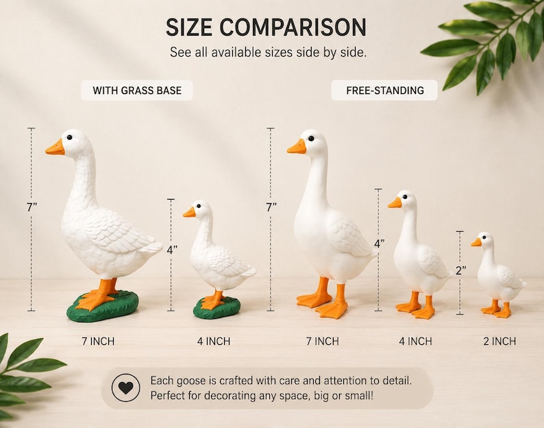 May include: A size comparison chart featuring white goose figurines with orange beaks and feet. Two geese stand on green grass bases at 7 inches and 4 inches tall. Three free-standing geese measure 7 inches, 4 inches, and 2 inches in height.