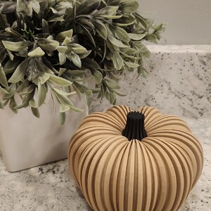 May include: A decorative wooden pumpkin with a black stem. The pumpkin is light brown and has vertical grooves. A white vase with green leafy plants is in the background. The pumpkin is a fall-themed decoration.