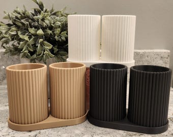 Double Cup Toothbrush Holder | Ribbed Bathroom Organizer | Makeup Brush Holder | Bathroom Counter Storage | Vanity Tray | Bathroom Decor