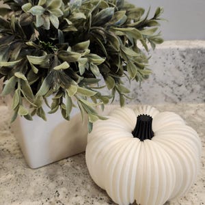 May include: A white, ribbed pumpkin with a black stem sits on a speckled surface. A square white planter with green foliage is in the background. The pumpkin is a decorative item, perfect for fall.