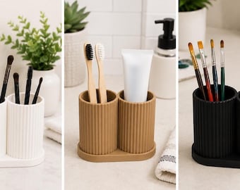 Double Cup Toothbrush Holder | Ribbed Bathroom Organizer | Makeup Brush Holder | Bathroom Counter Storage | Vanity Tray | Bathroom Decor