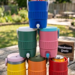 May include: A pyramid stack of six cylindrical beverage coolers in blue, green, pink, yellow, orange, and red. Each cooler features a white or matching lid, a side handle, and a small spigot at the base. One blue cooler holds a Coca-Cola can.