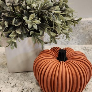 May include: A decorative orange pumpkin with vertical grooves and a black stem. Beside it is a white square vase with green leafy plant. The pumpkin is a fall-themed decoration.