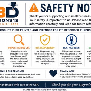 May include: A white safety notice card from K3D Creations12 featuring black and colored text and icons. It includes sections on product safety, material information, and usage instructions for 3D printed items, emphasizing adult supervision.
