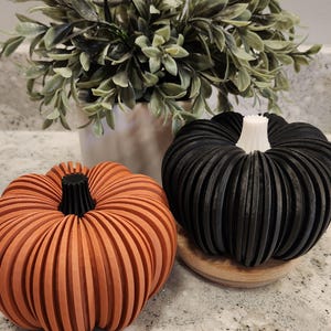 May include: Two decorative pumpkins, one orange and one black, sit on a countertop. The orange pumpkin has a black stem, and the black pumpkin has a white stem. Both pumpkins have a ribbed design. A green plant in a silver pot is in the background.