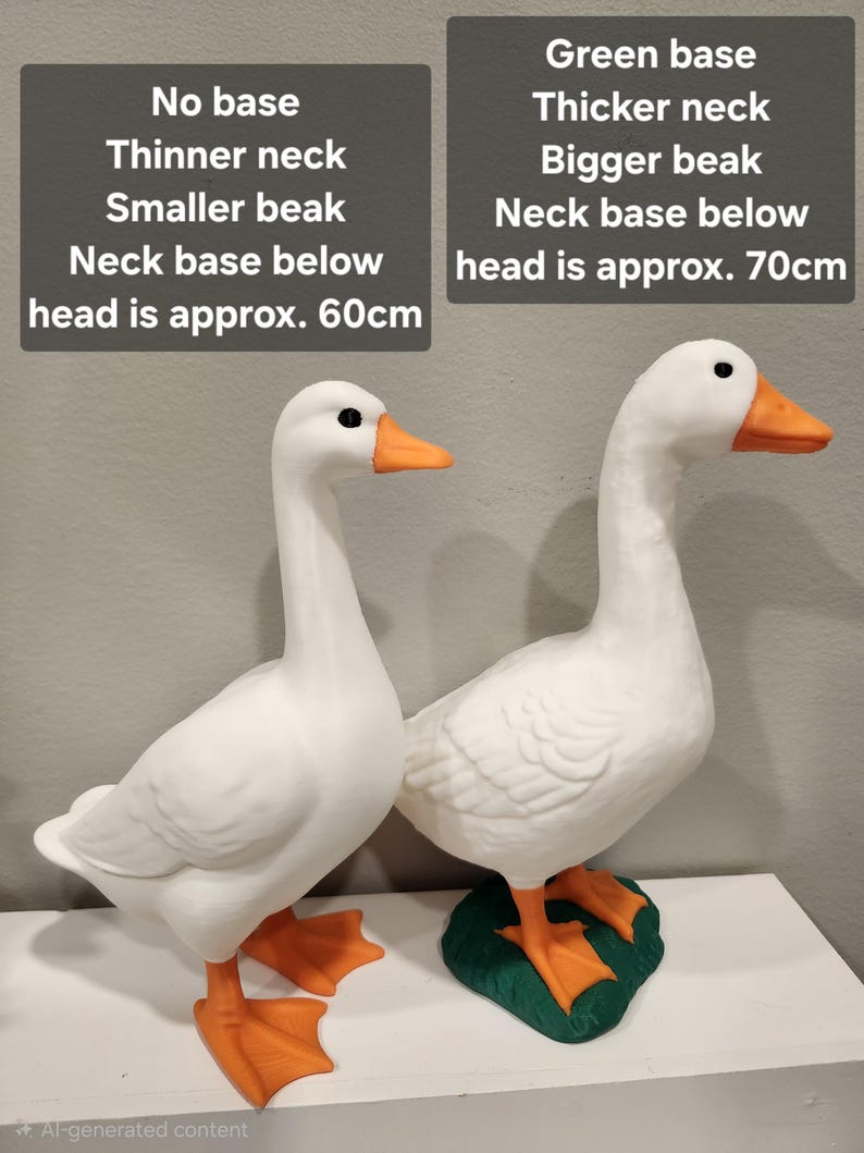 May include: Two white goose figurines with orange beaks and feet. The left goose has a thinner neck and smaller beak, with a neck base below head of approx. 60cm. The right goose has a thicker neck, bigger beak, and a green base, with a neck base below head of approx. 70cm.