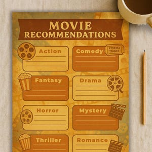 May include: A vintage-style movie recommendation chart with categories like Action, Comedy, and Horror. The chart is brown with film reel and popcorn graphics. A cup of coffee and a pencil are on the side.