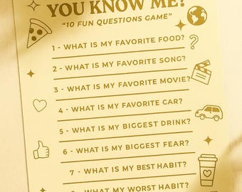 Juego "¿Cuánto me conoces?": Cuestionario de 10 preguntas divertidas. Juego imprimible para fiestas, para parejas, amigos y familia. Descarga digital en PDF.