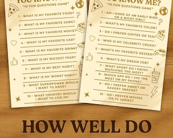 Paquete de juegos "¿Cuánto me conoces?": 2 versiones imprimibles. Divertido juego para fiestas, rompehielos, despedidas de soltera, cumpleaños y actividades para la noche familiar.