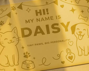 Paquete de tarjetas personalizadas con el nombre de tu mascota: tarjetas imprimibles y editables para perros y gatos / Hoja con el adorable "Hola, mi nombre es"