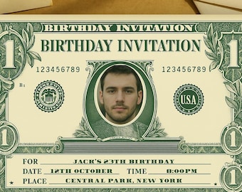 Invitación de cumpleaños estilo billete de dólar: divertida y editable. Tarjeta de cumpleaños imprimible y única para él o ella. Descarga instantánea en formato JPG.