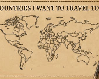 Lista de deseos de viaje imprimible: Países que quiero visitar: Mapa del mundo editable en PDF y hoja de lista de verificación imprimible