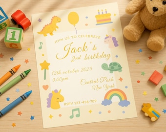 Invitación de cumpleaños infantil editable - Adorable temática de animales pastel - Tarjeta de fiesta personalizada - Invitación de cumpleaños en PDF