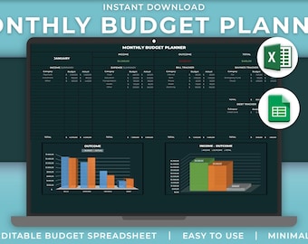 Planificador de presupuesto mensual en Excel / Hoja de cálculo de presupuesto editable de 12 meses / Organizador de ingresos y gastos / Descarga instantánea