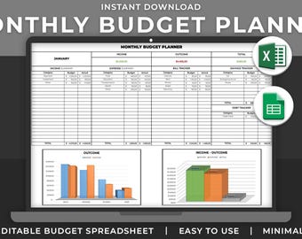 Planificador de presupuesto mensual en Excel / Hoja de cálculo de presupuesto editable de 12 meses / Organizador de ingresos y gastos / Descarga instantánea