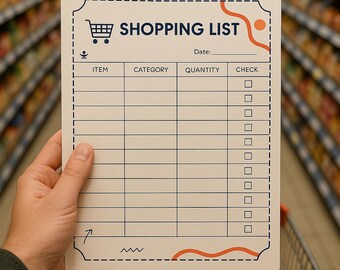 Lista de compras imprimible - PDF minimalista editable - Diseño por categorías y cantidades