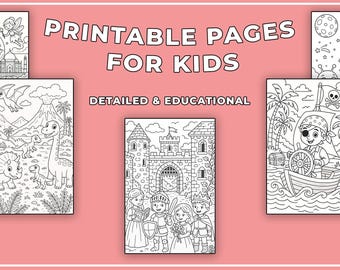 5 páginas para colorear imprimibles para niños: fantasía, dinosaurios, espacio, castillos y piratas. Descarga digital en PDF. Educativo.