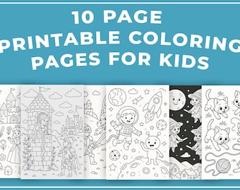 10 páginas para colorear imprimibles para niños / Fantasía, animales, espacio y más / Descarga instantánea en PDF
