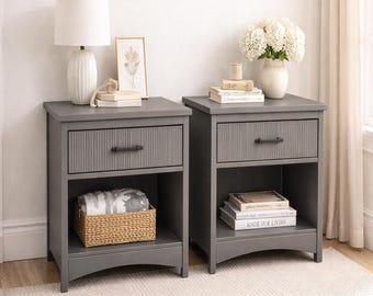 Charcoal Gray Nightstands Set of 2 | Modern Wood Bedside Tables | Neutral Bedroom Furniture | Textured Drawer | Minimalist Nightstand Pair
