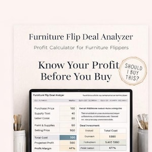 May include: A digital display shows a furniture flip deal analyzer with financial data. The text "Know Your Profit Before You Buy" is displayed above the screen. A circular graphic reads "Should I Buy This?"