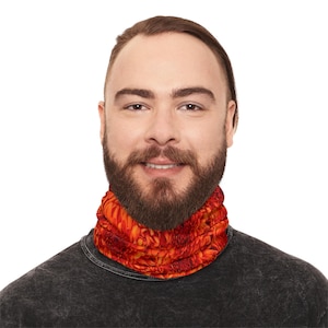Orange Chrysanthemum Floral Neck Gaiter, Fleece Polyester Tube Scarf (Adjustable Drawstring)